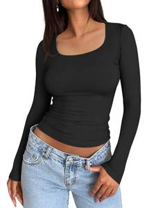lot 92583 image: Trendy Queen Womens Long Sleeve Shirts Crop Tops Basic Double Layering Tight Slim Fit Y2K T Shirts Winter Clothes 2024 Black L