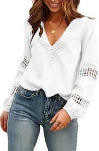lot 92603 image: Viracy Womens Stylish Fall Lace Crochet V Neck Flowy Bell Long Sleeve Blouses, Solid Casual Loose Half Button Down T Shirts Tops(Small, White)