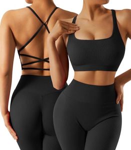 lot 92617 image: OMKAGI Women Ribbed Workout Sets Seamless Strappy Sport Bra Butt Lifting Leggings Outfits(M,04-Black)