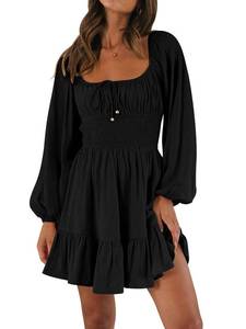 lot 92618 image: LILLUSORY Womens Long Sleeve Mini Dresses 2023 Fall Square Neck Cottagecore Casual Smocked Flowy Short Dress Black Small