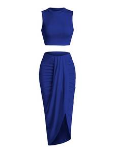 lot 92620 image: ZAFUL Womens Summer Two Piece Outfits Tank Tops and Midi Skirt Set Swimwear Cover Ups Sexy Slit Dress Suiting(B-Royal blue, XL)