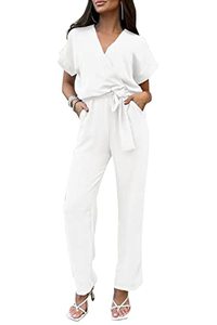 lot 92622 image: PRETTYGARDEN Womens Jumpsuit Casual Short Sleeve Wrap V Neck Belted Wide Leg Pants (White,Medium)