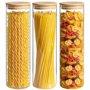 lot 93489 image: ComSaf Glass Spaghetti Pasta Storage Container for Kitchen Pantry with Lids 41oz Set of 3, Tall Clear Airtight Food Storage Jar with Sealing Wood Cover for Coffee, Sugar, Noodles, Linguini, Lasagna