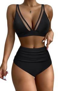 lot 93500 image: RXRXCOCO Women Mesh V Neck Two Piece Swimsuit High Waisted Bikini Set Ruched Tummy Control Bathing Suits Black Large