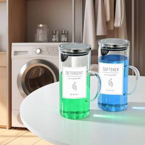 lot 93506 image: Laundry Detergent Dispenser for Laundry Room Organization and Storage - 40 Oz Glass Jars with Stainless Steel Lid, Handles and Labels - Easy Pour Liquid Laundry Soap Fabric Softener Bleach Containers