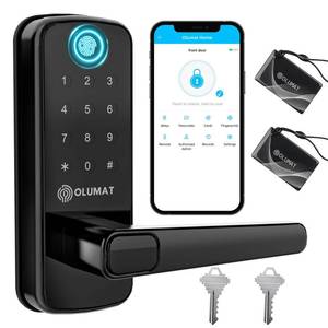 lot 93510 image: Smart Door Lock, OLUMAT Keyless Entry Door Lock Fingerprint Door Lock with Keypad Digital Door Lock with Handle for Home, Rental, Office and Hotel (Black) - Retail $77.82