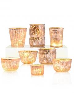 lot 93511 image: DN DECONATION 8PCS Mercury Glass Candle Holder,Assorted Mercury Glass Votive Candle Holders,Vintage Tea Light Candle Holder for Wedding, Parties, Centerpieces, Decorations