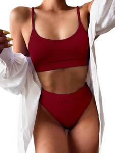 lot 93521 image: Lilosy High Waisted Tummy Control Bikini Ribbed Sporty Brazilian Swimsuit Set Women Highwaisted Cheeky Cut Leg Rise Bottom Crop Push Up Top 2 Piece Bathing Suit Color Block Blue Large