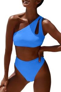 lot 93522 image: Women One Shoulder Bikini High Waisted Cutout Crop Top Swimsuit Sports Two Piece Padded Push Up High Cut Bathing Suit L