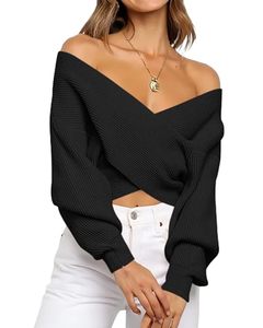 lot 93535 image: BTFBM Women Casual V Neck Long Sleeve Sweaters Cross Wrap Front Off Shoulder Asymmetric Hem Knitted Crop Solid Pullover(Solid Black, X-Large)