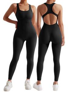 lot 93546 image: MOSHENGQI Women Racerback One Piece Jumpsuits Sleeveless Backless Bodycon Tummy Control Workout Romper(L,05-Black)