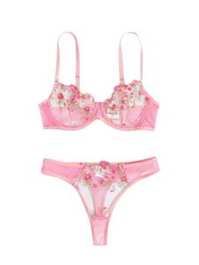 lot 93549 image: WDIRARA Womens Floral Embroidery Underwire Lingerie Set Mesh Bra and Panty Set Pink XL