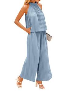 lot 93558 image: dowerme Womens 2 Piece Outfits 2023 Halter Neck Sleeveless Flowy Tie Back Top Long Wide Leg Pant Set Loose Pleated Suit(Solid Blue,Small)