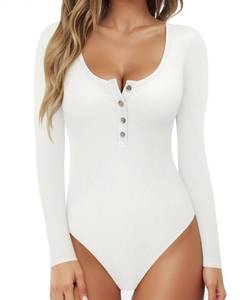 lot 93559 image: MANGOPOP Womens Henley Shirt Scoop Neck Button Down Ribbed Long Sleeve Bodysuits M