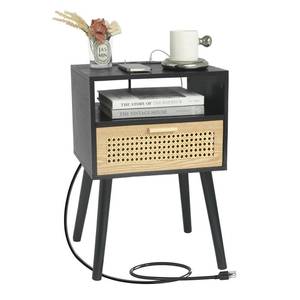lot 93568 image: MaxSmeo Mid Century Modern Nightstand with Charging Station, Bedside Tables with Rattan Drawer, Small Wood Nightstand Side Table for Living Room,Bedroom (Black)