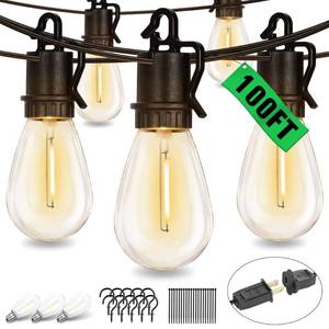 lot 93569 image: TDLOL 100FT Outdoor String Lights Waterproof, Patio Lights with 35 S14 Shatterproof Sockets, Connectable Hanging Outdoor Lights, IP55 Commercial Grade LED String Lights for Outside, Patio, Bistro