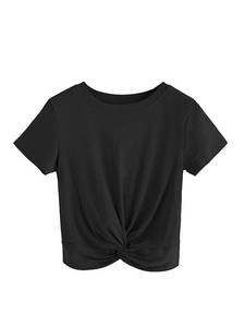 lot 93587 image: MakeMeChic Womens Summer Crop Top Solid Short Sleeve Twist Front Tee T-Shirt Black L