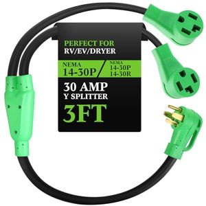lot 93613 image: Kanayu 4 Prong NEMA 14-30 Dryer Y Splitter for Dryer and EV, NEMA 14-30P Male to 2 x NEMA 14-30R Female, 30 Amp 250 Volt 7500W STW 10 AWG 4 Conductors Dryer Y Adapter Cord,ETL Listed, 3FT
