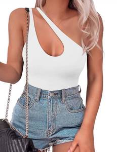 lot 93615 image: SAUNGKUAI Womens Sexy One Shoulder Sleeveless Cutout Thong Bodysuit Tank Top Body Suits V Backless Tummy Control Shapewear White S