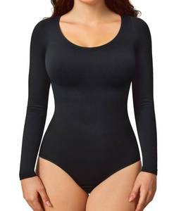 lot 93629 image: BRABIC Long Sleeve Bodysuit for Women Tummy Control Shapewear Seamless Round Neck Body Shaper Top (Small, Black Long Sleeve)