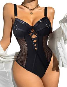 lot 93632 image: Avidlove Lingerie For Women Snap Crotch Teddy Bodysuit Sexy Lace Mesh One Piece Babydoll (Black, Medium)