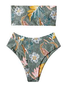 lot 93633 image: OMKAGI Women Bandeau Swimsuit Plant Floral Cheeky High Cut Thong Bikini Set(M,Green Floral-4405)