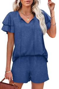 lot 93636 image: WIHOLL Two Piece Outfits for Women Summer Short Sleeve V-Neck Sweatsuit Casual Blue L