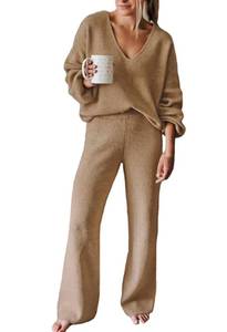 lot 93644 image: Viottiset Womens 2 Piece Outfits Casual V Neck Knit Wide Leg Sweater Lounge Set Sweatsuit Khaki Small