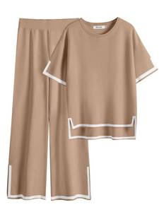 lot 93648 image: Caracilia Womens Two Piece Outfits 2024 Summer Knit Sweater Sets Short Sleeve Lounge Matching Set Lounge Wear Fashion Clothes Khaki X-Large