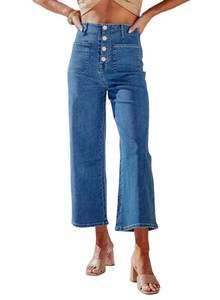 lot 93650 image: Sidefeel Womens Wide Leg Jeans High Waisted Stretchy Capri Pants Buttoned Loose Denim Pants with Pocket Blue Size 12