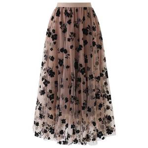 lot 93651 image: CHICWISH Womens Caramel 3D Posy Double-Layered Mesh Midi Skirt, Size S-M