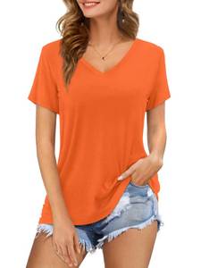 lot 93653 image: Amoretu Womens Tops V Neck Short Sleeve Summer Casual Plain T-Shirts Orange L