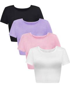 lot 93664 image: 4 Pack Womens Basic Tight Short Sleeve Women Cute Trendy Crop Tops Scoop Neck Crop for Women or Teen Girls (Black, Purple, Pink, White,Small)