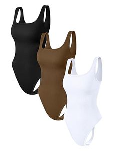 lot 93666 image: OQQ Womens 3 Piece Bodysuits Sexy Ribbed Sleeveless Square Neck Stretch Tank Tops Thongs Bodysuits Black Coffee White M