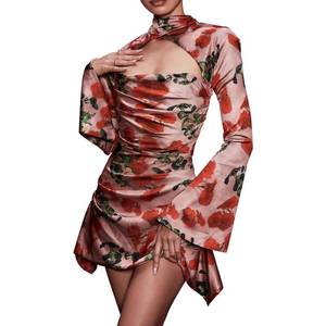 lot 93676 image: Traditional Chinese Cheongsam for Women Dress Sexy Club Long Floral Flared Sleeves Dress Mini Slim Fit Bodycon Evening Dress (as1, Alpha, l, Regular, Regular, Red)no size visible