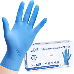 lot 93688 image: SwiftGrip Disposable Nitrile Exam Gloves, 3-mil, Blue, Nitrile Gloves Disposable Latex Free, Medical Gloves, Cleaning Gloves, Food-Safe Rubber Gloves, Powder Free, Non-Sterile, 50-ct Box (Medium)
