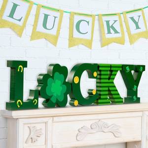lot 93698 image: Sggvecsy 5 Pieces St Patrick�s Day Decorations Wooden Sign Tiered Tray Decor with Shamrock Clover Irish Lucky Sign Lucky Letter Table Centerpiece for Table Home Farmhouse Fireplace Indoor Decor