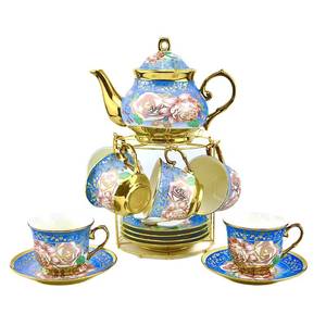 lot 93712 image: 20 Pieces Porcelain Tea Set With Metal Holder, European Ceramic tea set for adults,Flower Tea Set,Tea Set For Women With Flower Painting (Large version, sapphire blue)