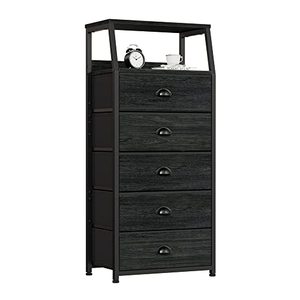lot 93713 image: Furnulem Black Dresser with 5 Drawers, Vertical Storage Tower Fabric Dresser for Bedroom, Hallway, Entryway, Nursery, Closet Organizer, Nightstand Bedside Table Furniture, Sturdy Steel Frame, Wood Top