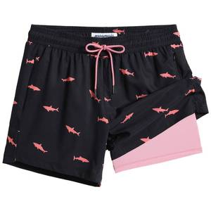 lot 93728 image: maamgic Mens Swim Trunks with Compression Liner 5 Stretch Beach Shorts Quick Dry with Zipper Pockets No-Chafing Board Shorts Black-Pink Shark M