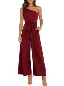 lot 93729 image: ANRABESS Women Summer Dressy Jumpsuits One Shoulder Sleeveless Casual Wide Leg Pants Romper Jumper 2024 Trendy Outfits Wine Red Medium