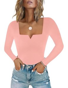lot 93731 image: Chunpin Womens Square Neck Notch V Neck Long Sleeve Bodysuit Tops Double Lined Thong Bodysuit Pink Medium