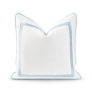 lot 93747 image: Hofdeco Premium Coastal Hampton Style Patio Indoor Outdoor Pillow Cover Only, 20x20 Water Resistant for Backyard, Couch, Baby Blue Embroidered Square Line