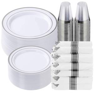 lot 93752 image: Goodluck 350 Piece Silver Plastic Dinnerware Set for 50 Guests, Fancy Disposable Plates for Party, Include 50 Dinner Plates, 50 Dessert Plates, 50 Pre Rolled Napkins with Silver Silverware, 50 Cups