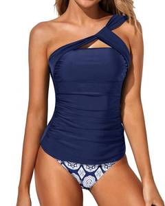 lot 93754 image: Tempt Me Blue Grid Two Piece Tankini Bathing Suits for Women One Shoulder Swim Top with Bottom Swimsuits L