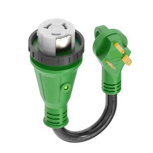 lot 93755 image: RVGUARD 30 Amp to 50 Amp RV Adapter with Locking Connector 12 Inch, NEMA TT-30P Male to NEMA SS2-50R Female Dogbone Electrical Converter with LED Power Indicator, Green, ETL Listed