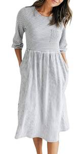 lot 93776 image: MEROKEETY Womens Short Sleeve Striped High Waist T Shirt Midi Dress with Pockets, Olive, Large