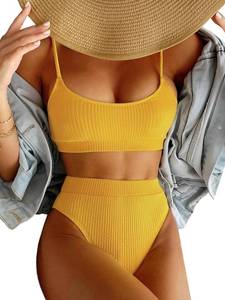 lot 93801 image: Lilosy High Waisted Tummy Control Bikini Ribbed Sporty Brazilian Swimsuit Set Women Highwaisted Cheeky Cut Leg Rise Bottom Crop Push Up Top 2 Piece Bathing Suit Mustard Yellow Medium - Retail $34311.16