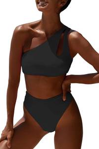 lot 93807 image: Women One Shoulder Bikini High Waisted Cutout Crop Top Swimsuit Sports Two Piece Padded Push Up High Cut Bathing Suit M