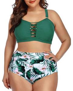 lot 93813 image: Daci Women Green Plus Size Two Piece Bikini Swimsuit High Waisted Tummy Control Bottom Bandeau Lace Up Bathing Suit XXL